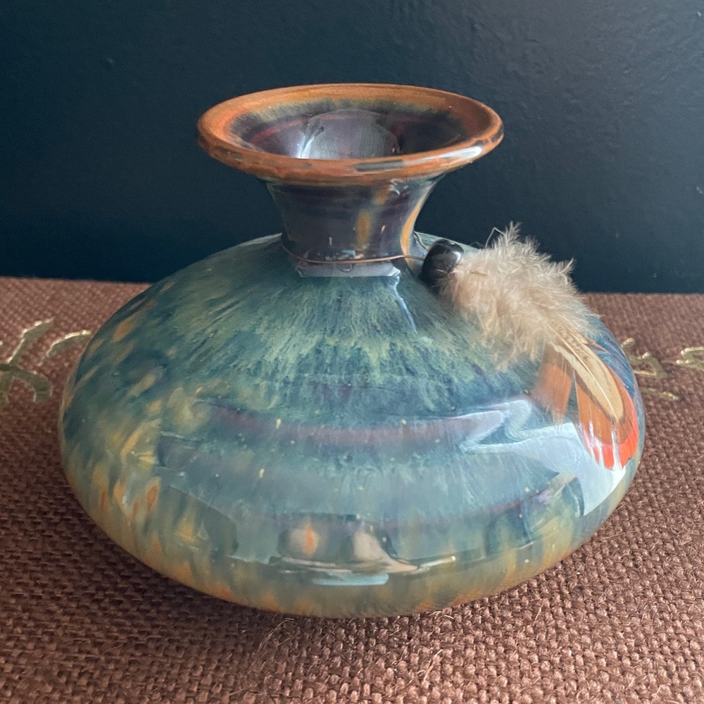 Vintage signed Handcrafted Ceramic Vase with Feather Accent